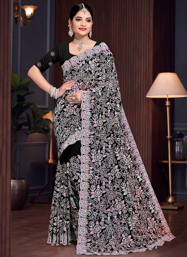 Georgette Black Wedding Wear Embroidery Work Saree